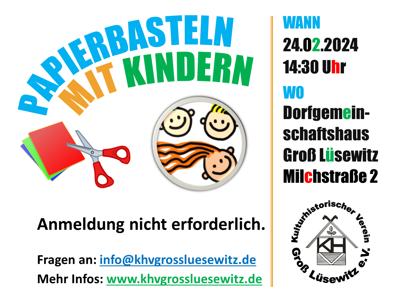 Papierbasteln mit Kindern Wann: 24.02.2024 Wo: Dorfgemeinschaftshaus Groß Lüsewitz Milchstraße 2 Anmeldung nicht erforderlich